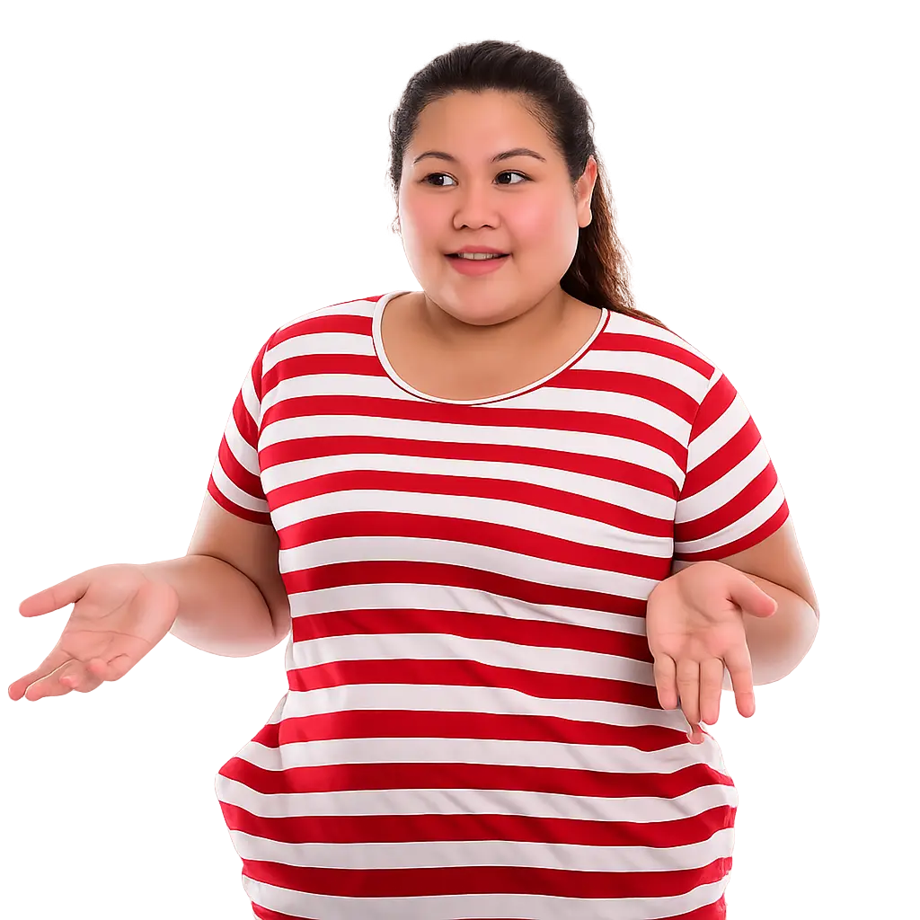 Woman in red and white striped t-shirt looking uncertain and gesturing with hands.