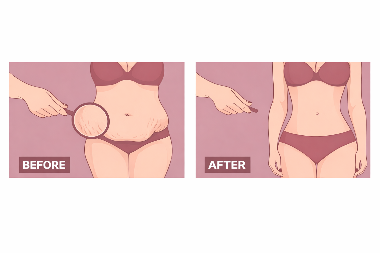 Before and after illustration of a woman’s abdomen showing stretch mark reduction and firmer skin.