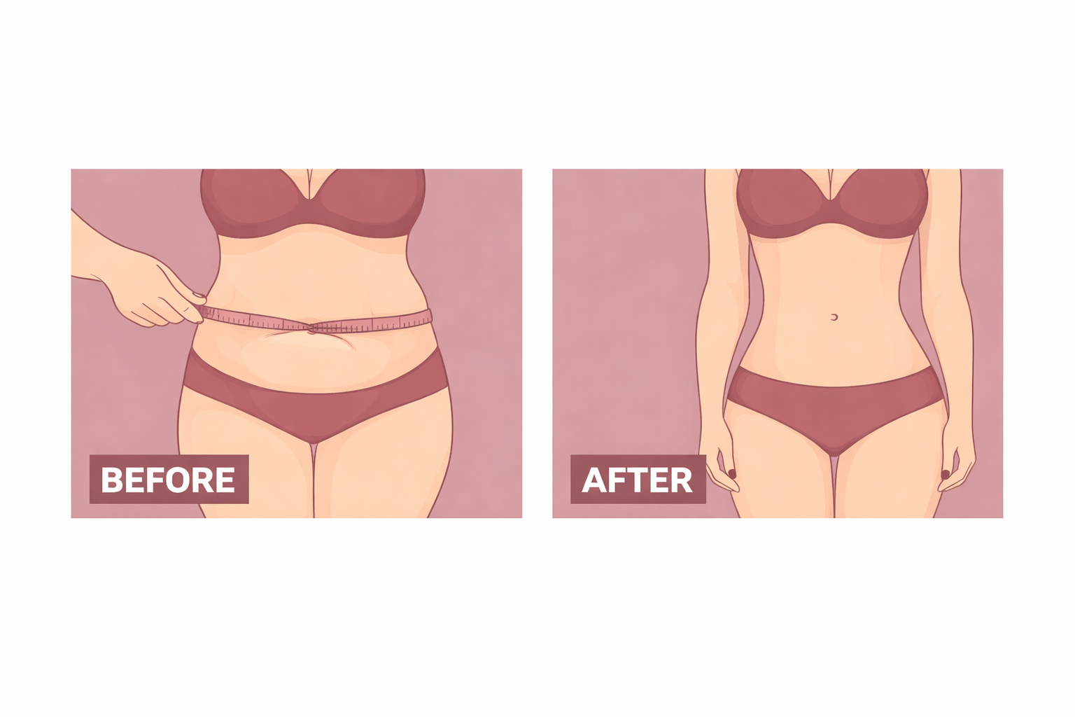 Before and after illustration of a woman’s abdomen showing stretch mark reduction and firmer skin.